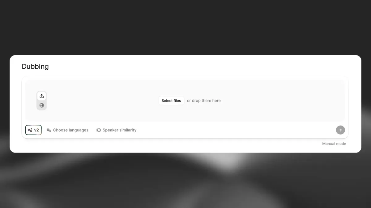 ElevenLabs Dubbing 화면. 파일을 올리거나 URL을 붙이는 입력 영역 아래에 v2 모델, 언어 선택, 화자 유사도 옵션이 있다