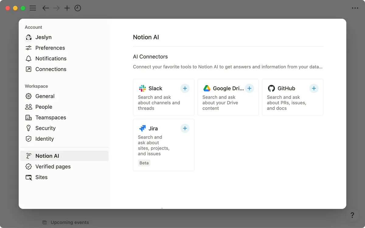 Notion 설정 창의 Notion AI 탭. AI Connectors 항목 아래 Slack, Google Drive, GitHub, Jira 카드가 추가 버튼과 함께 나열되어 있다